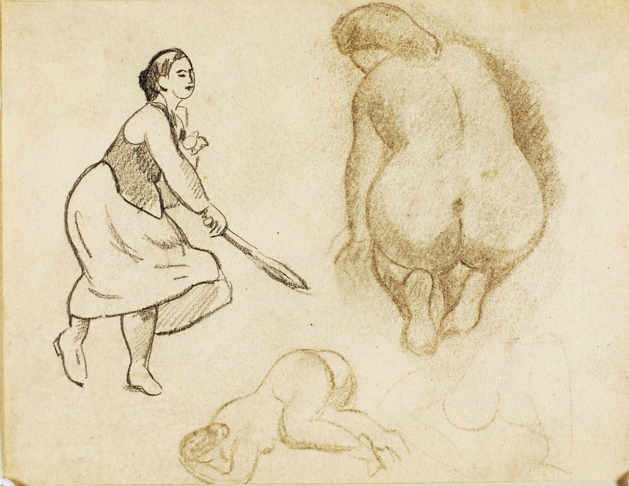 Mulher com raquete de ténis e dois estudos de figuras de Carl Newman