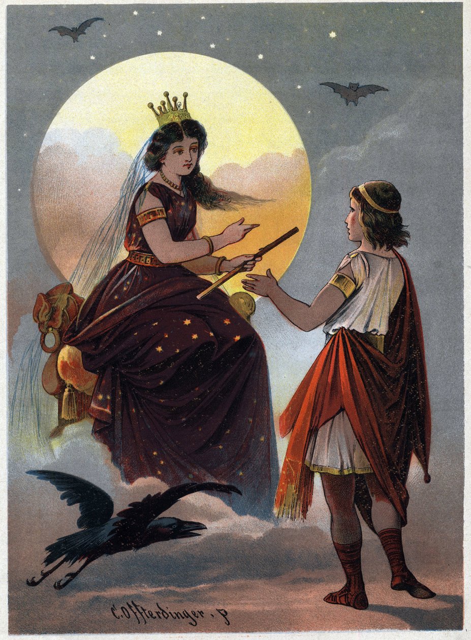 O Príncipe Tamino na frente da encantadora Rainha da Noite e oferece sua filha em casamento se ele conseguir tirá-la das mãos do cruel Sarastro. Ilustração de Carl Offterdinger (1829-1889) em "A Flauta Encantada". (Die Zauberflote, f de Carl Offterdinger