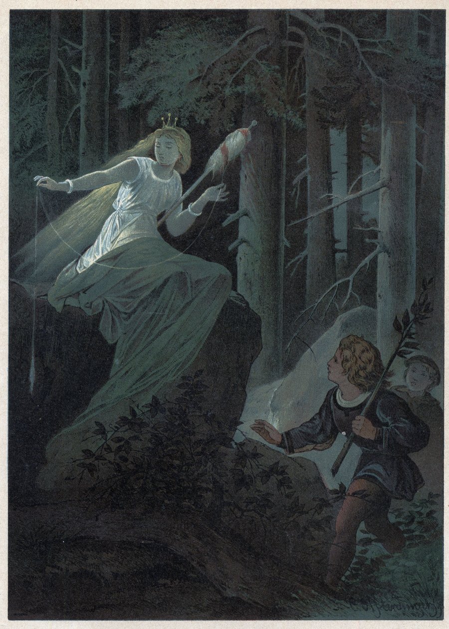 A taxa a fugir com um fuso dourado estava a cantar o destino de um botão dourado. Ilustração de Carl Offterdinger (1829-1889) em "Bouton d