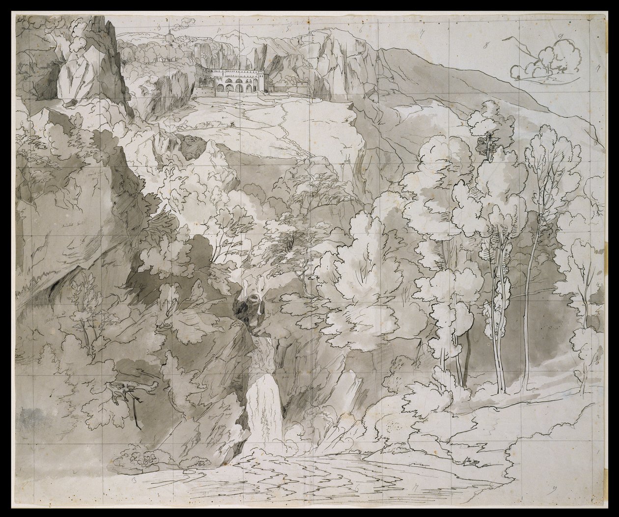 Paisagem perto de Subiaco, com uma cascata e o Mosteiro de São Bento de Carl Philipp Fohr