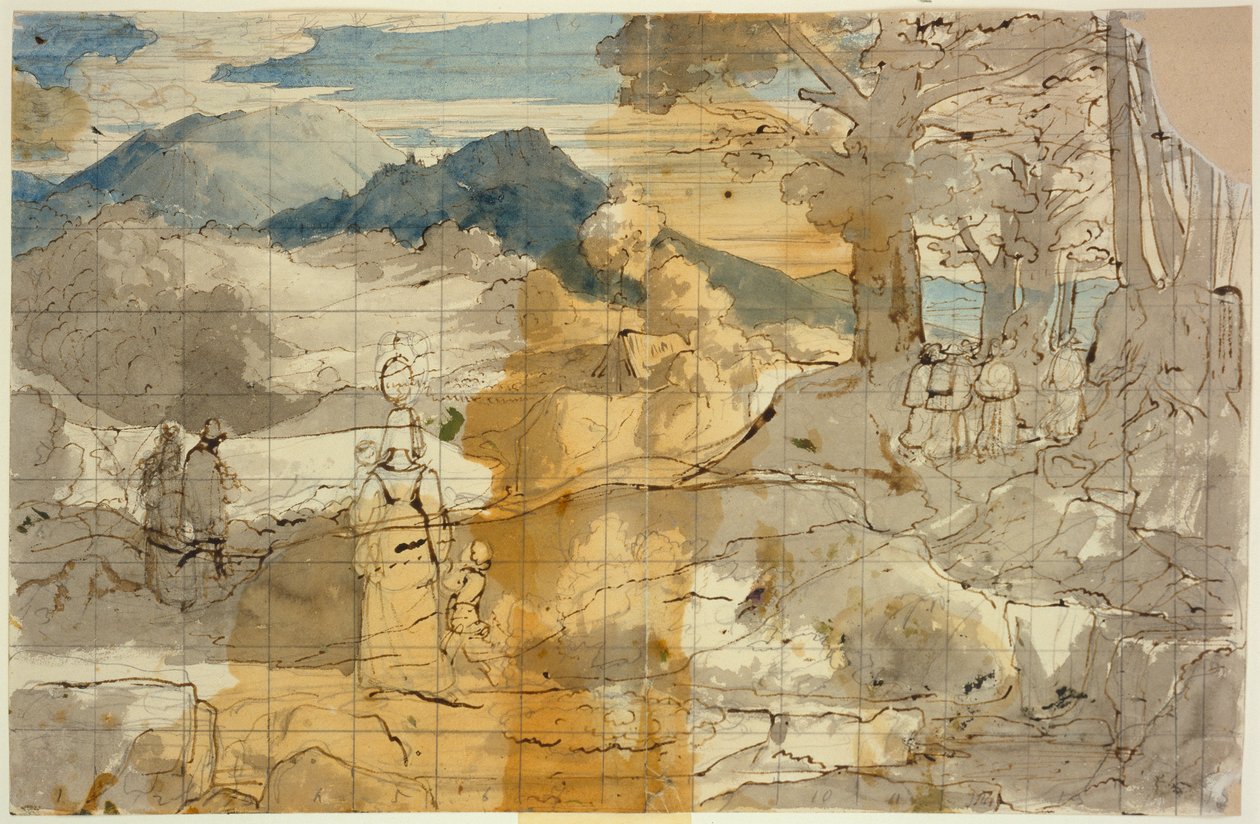 Landschaft bei Rocca Canterano mit einer Frau mit Kindern, Hirten und Pilgern de Carl Philipp Fohr