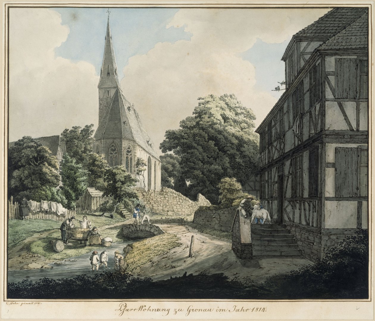A casa paroquial e a igreja de Gronau no ano de 1814 de Carl Philipp Fohr