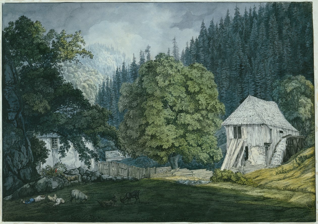 Schneidemühle no Beuerner Thale (folha 8 do caderno de esboços dos arredores de Baden) de Carl Philipp Fohr