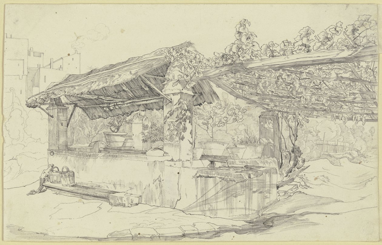 Casa de poço com telhado de palha e tanque de lavar junto a uma latada de Carl Philipp Fohr