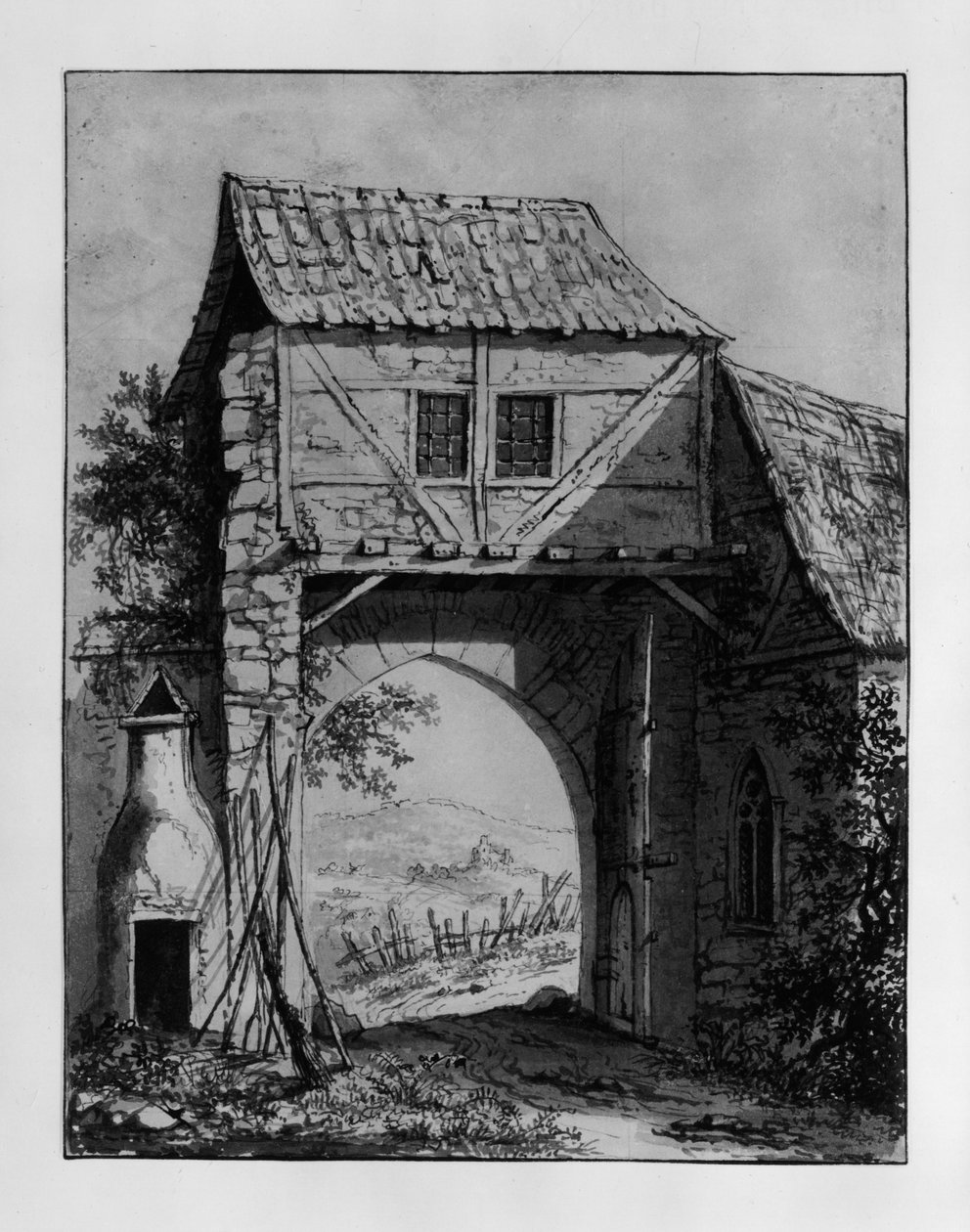 Edifício de portal com vista para uma paisagem com ruína de Carl Philipp Fohr
