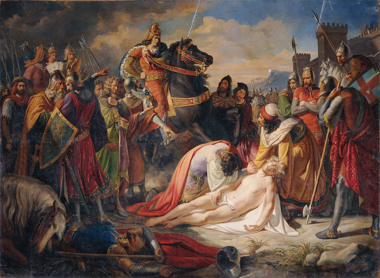 Carlos I de Anjou no corpo de Manfred após a Batalha de Benevento em 26 de Fevereiro de 1266 de Carl Rahl