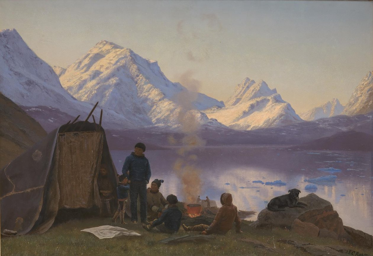 Um assentamento groenlandês por um fiorde. Verão de Carl Rasmussen