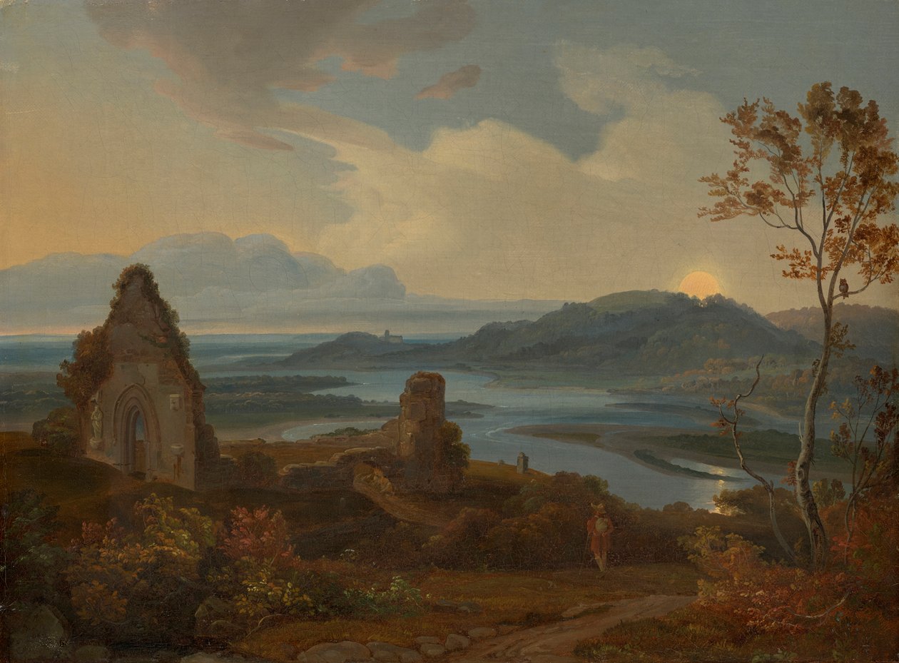 Paisagem fluvial com ruínas de igrejas de Carl Rottmann