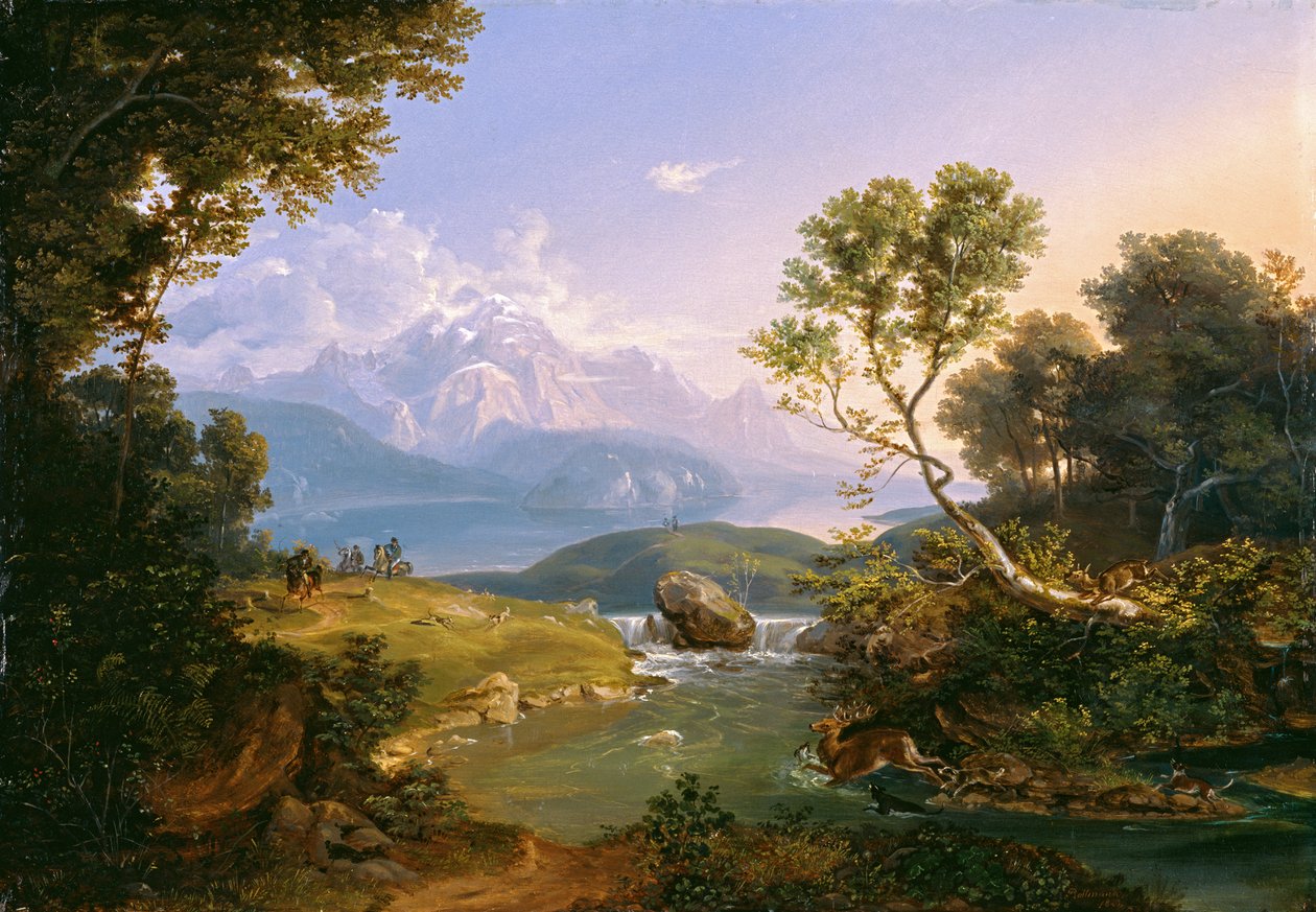 Caça de veados no Hintersee perto de Berchtesgaden de Carl Rottmann