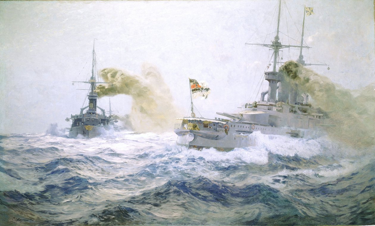 Manobras da frota alemã em alto mar, c.1900 (óleo sobre tela) de Carl Saltzmann