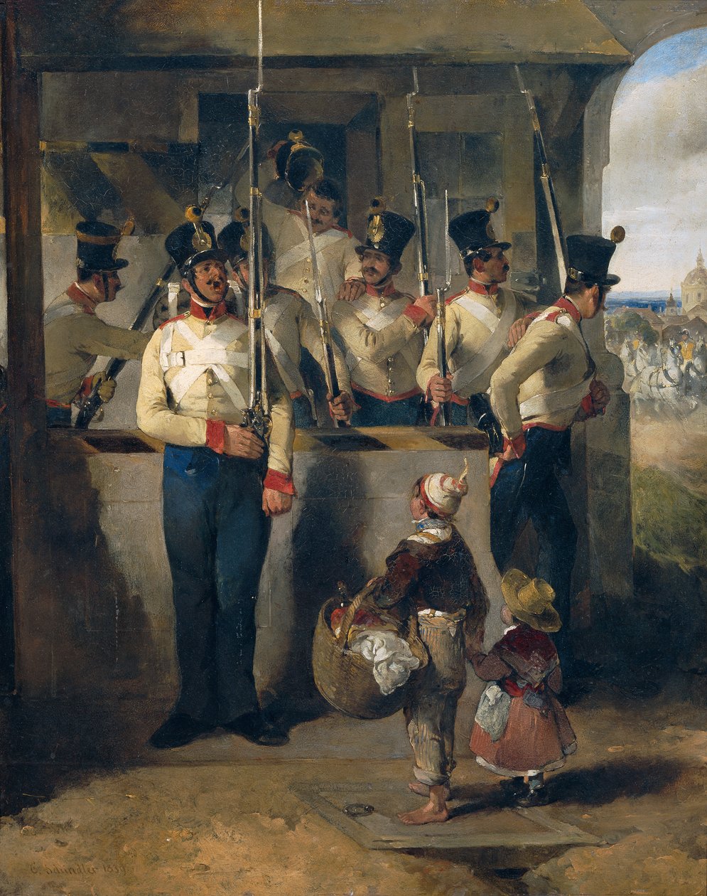 O guarda do escudo, gritando para dentro da espingarda ("Rifle out!") de Carl Schindler