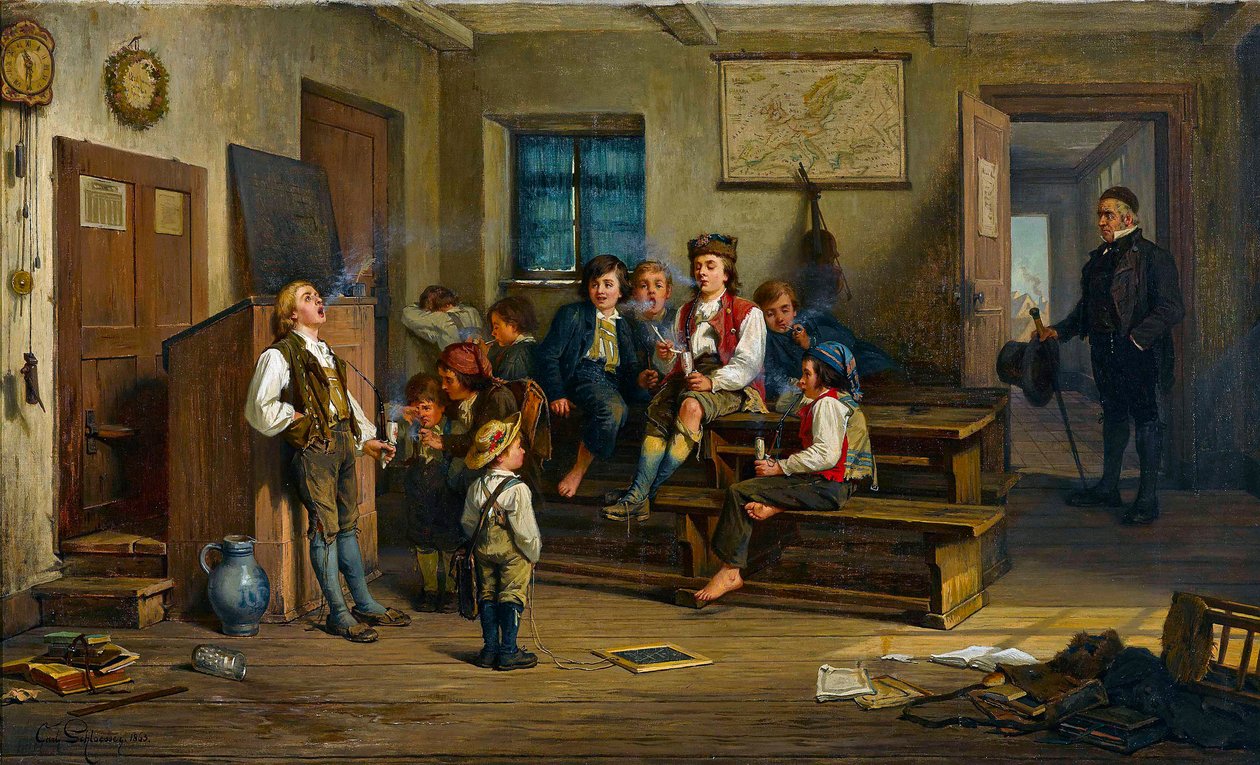 A fruta proibida (em uma sala de aula, crianças fumando cachimbos) - A fruta proibida - Carl Bernhard Schloesser (1832- depois de 1914). Óleo sobre tela de Carl Schlosser