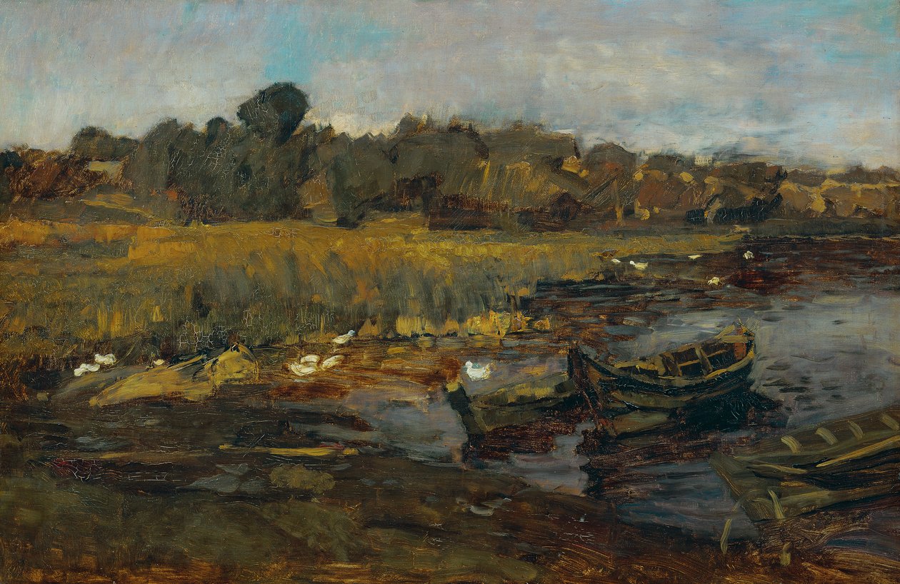 Paisagem de junco em Schwielowsee com patos de Carl Schuch