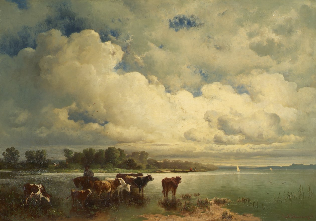 Paisagem de água com vacas de Carl Schweninger d. Ä.
