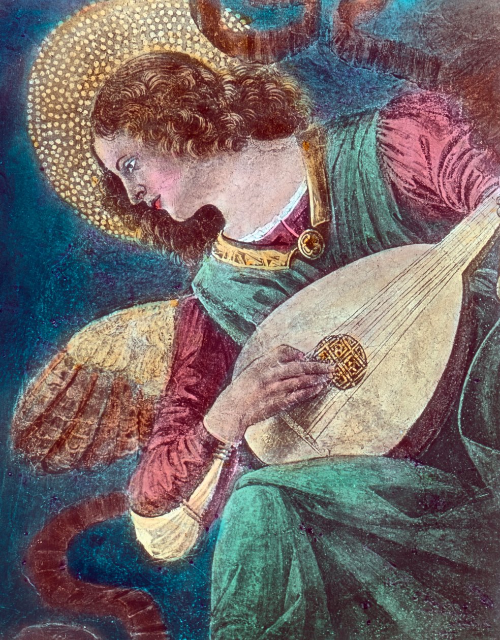 Anjo músico. Parte de um afresco do pintor renascentista italiano Melozzo da Forli, também conhecido como Michelozzo degli Ambrogi (1438 - 1494), pintado por volta de 1480. Data da imagem: cerca de 1900. Arquivo Carl Simon de Carl Simon