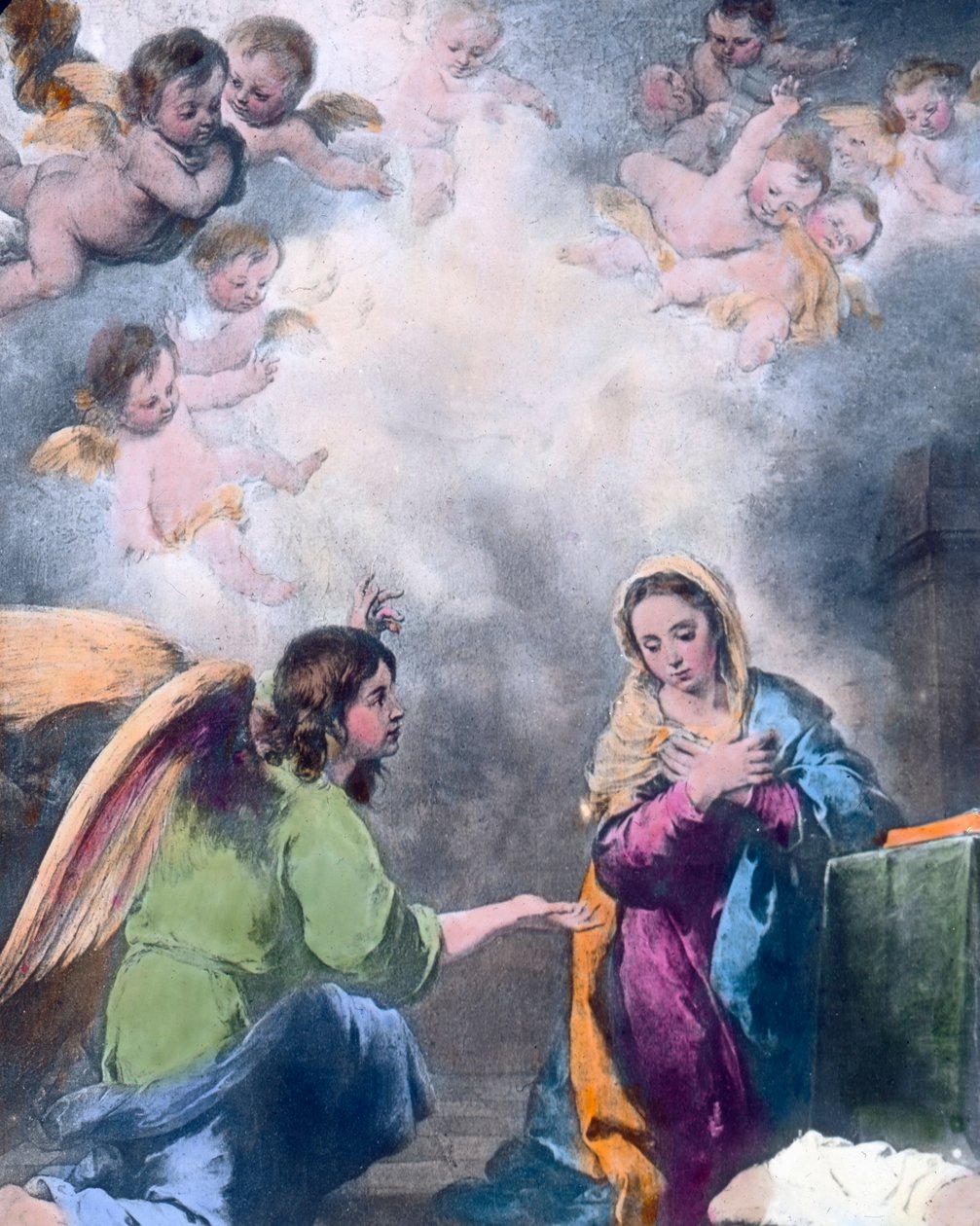 Anunciação. Pintura do pintor barroco espanhol Bartolome Esteban Murillo (1617 - 1682) em 1655. Data da imagem: cerca de 1910. Arquivo Carl Simon de Carl Simon