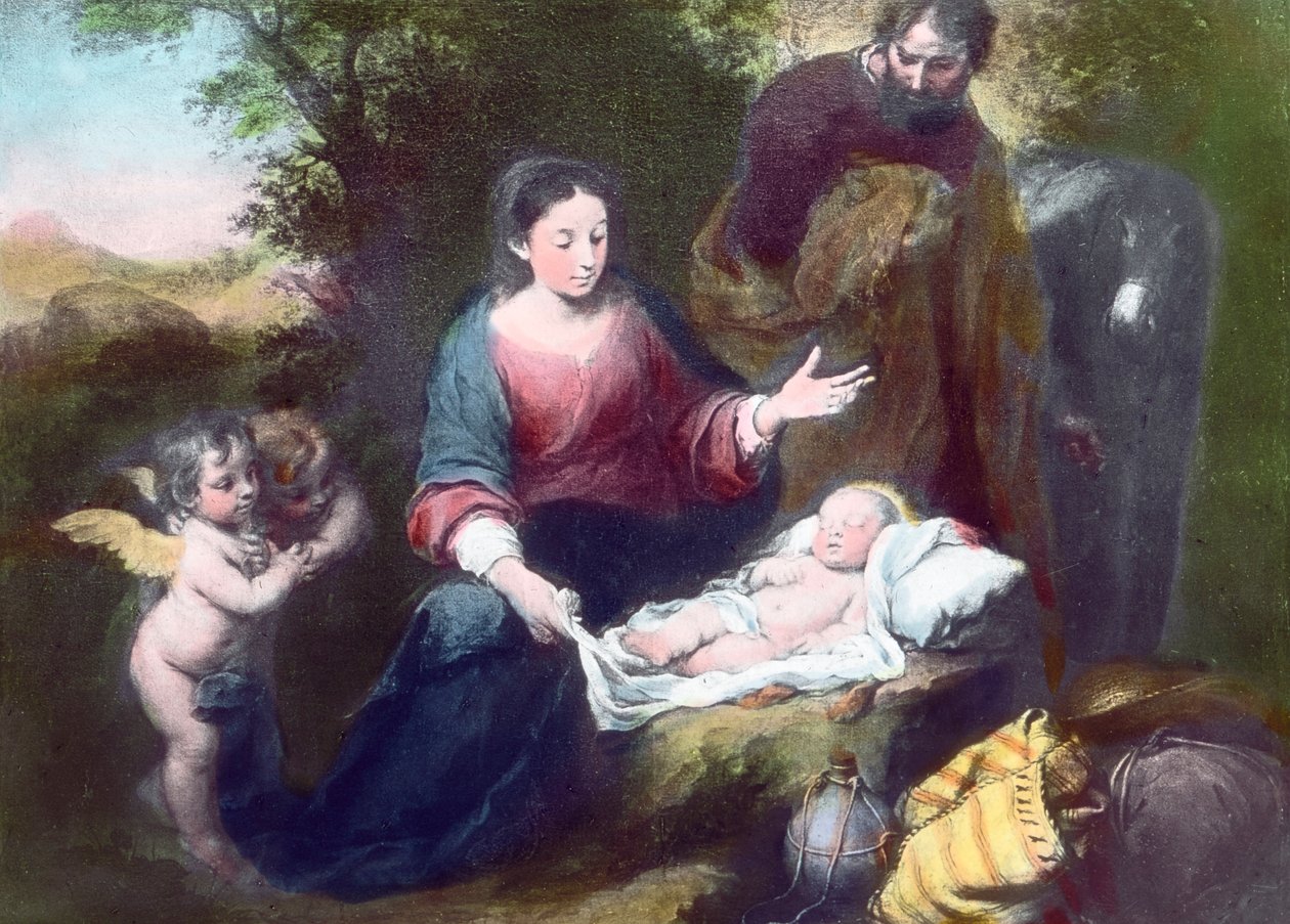 O Menino Jesus adormecido com os anjos, Maria e José. Pintura (sem data) do pintor barroco espanhol Bartolome Esteban Murillo (1617 - 1682). Data da imagem: cerca de 1900. Arquivo Carl Simon de Carl Simon