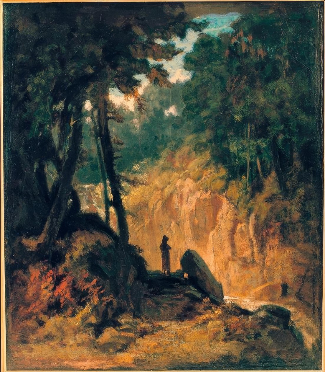 Paisagem arborizada com cascata, na praia com Kapuzinerm de Carl Spitzweg