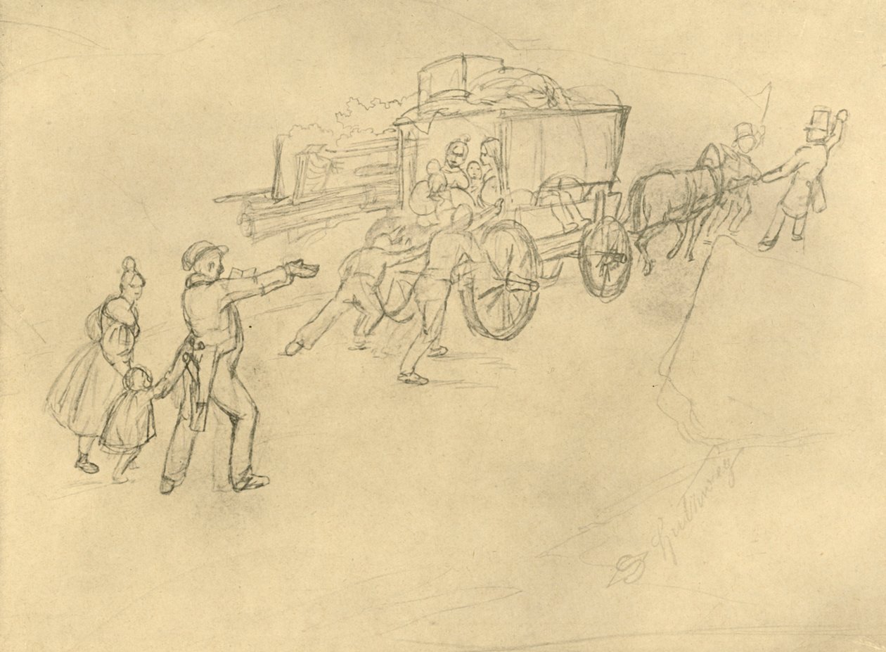 O ator Thespiskarren na estrada, meados do século XIX, c1924. de Carl Spitzweg