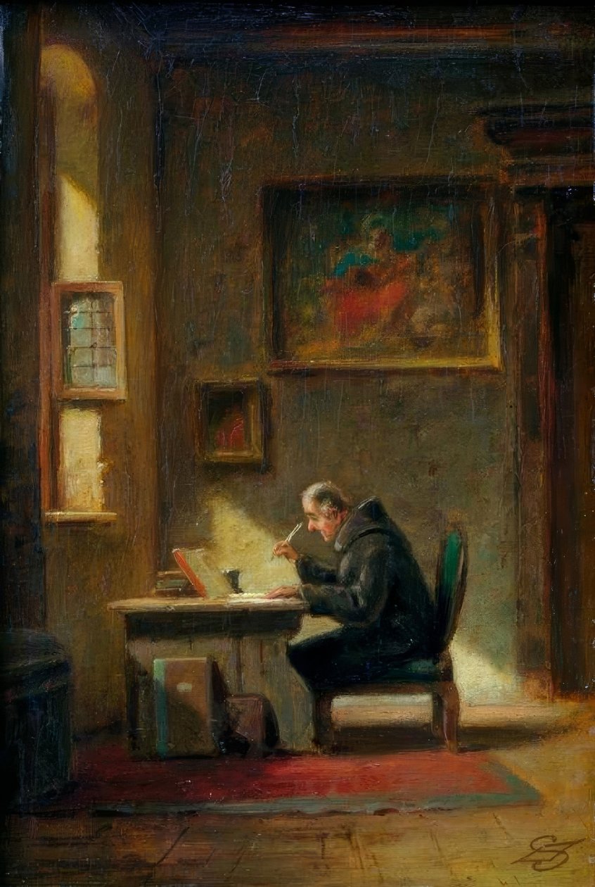 Monge erudito na recepção de Carl Spitzweg
