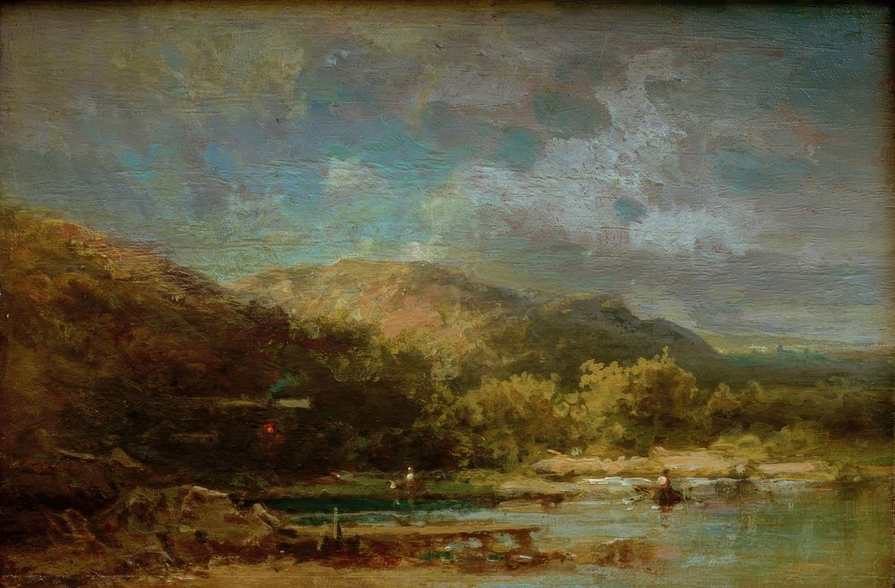 Cabana no lago com figuras de Carl Spitzweg