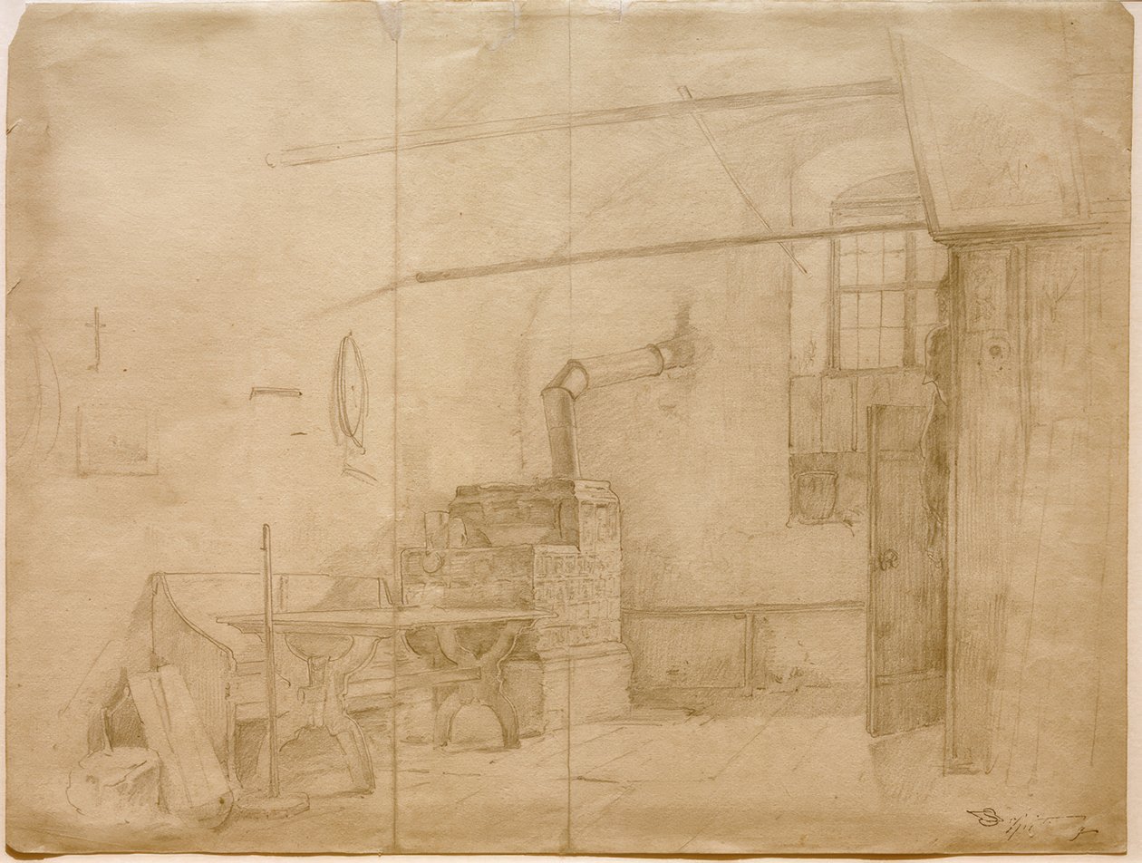 Fogão com azulejos na sala da fazenda de Carl Spitzweg