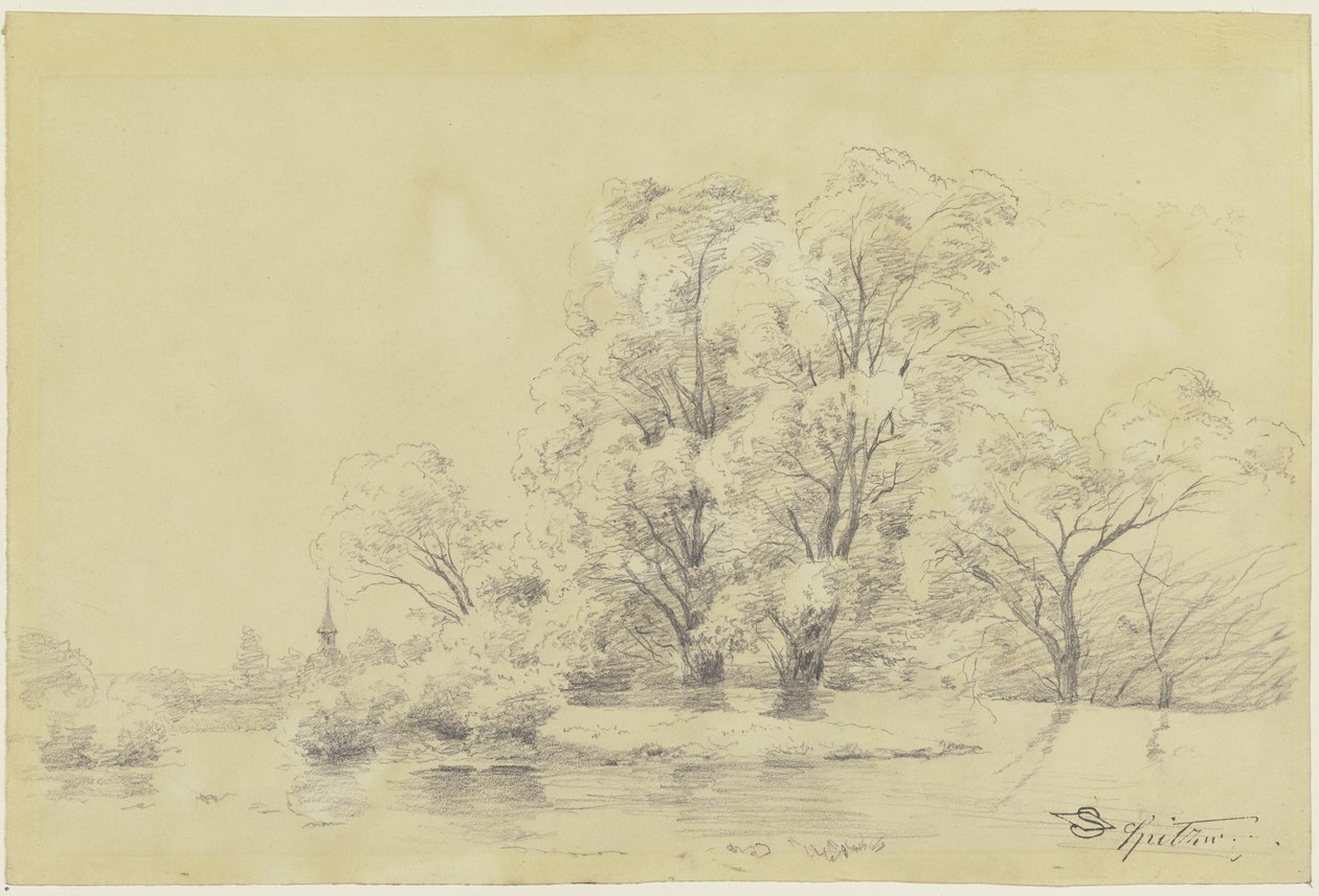 Paisagem com árvores junto à água, ao longe a torre de uma igreja de aldeia de Carl Spitzweg
