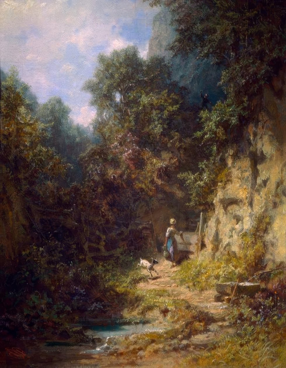Menina com cabra que acena para um homem caçador de Carl Spitzweg