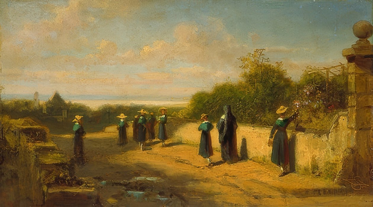 Meninas pensão na caminhada. Por volta de 1870 de Carl Spitzweg
