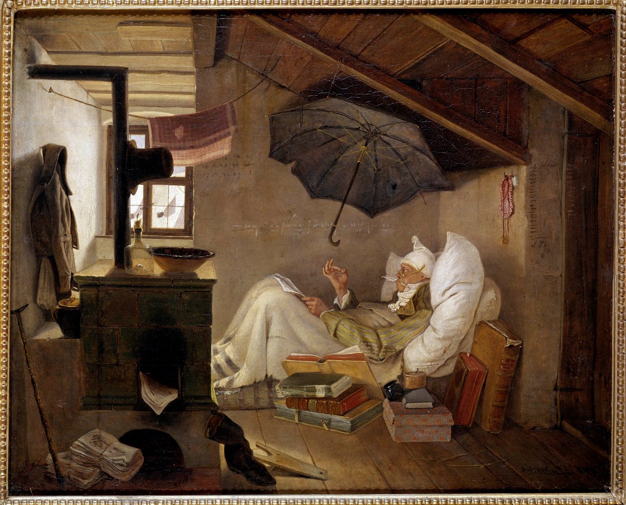 Pobre poeta Um homem velho deita-se num sótão. Pintura de Carl Spitzweg (1808-1885) 1839. Dim. 0,36 X 0,44 m Berlim, Altes Museum, Alemanha - O Poeta Pobre. Um homem idoso acamado num sótão. Pintura de Carl Spitzweg (1808-1885) de Carl Spitzweg