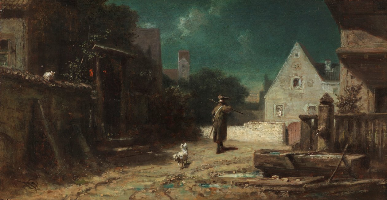 O vigia noturno Vigilante noturno ao luar, ou Cão e gato, c. 1870. de Carl Spitzweg