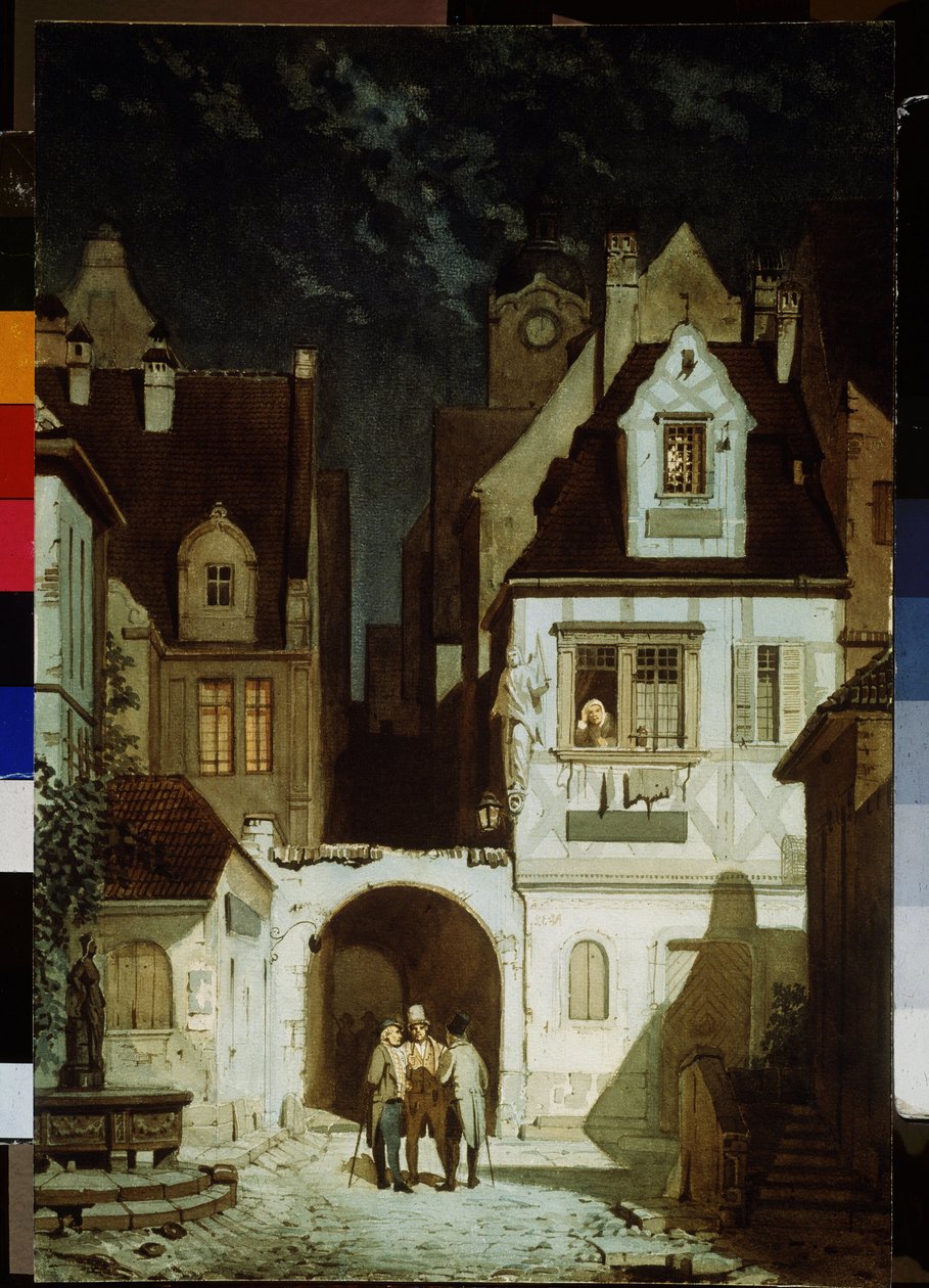 Um canto de uma cidade alemã à luz da lua. Pintura de Carl Spitzweg (1808-1885). Aguarela sobre papel, 68,5 x 46,5 cm. Arte alemã do século XIX. Pushkin Museum of Fine Arts, Moscovo. de Carl Spitzweg