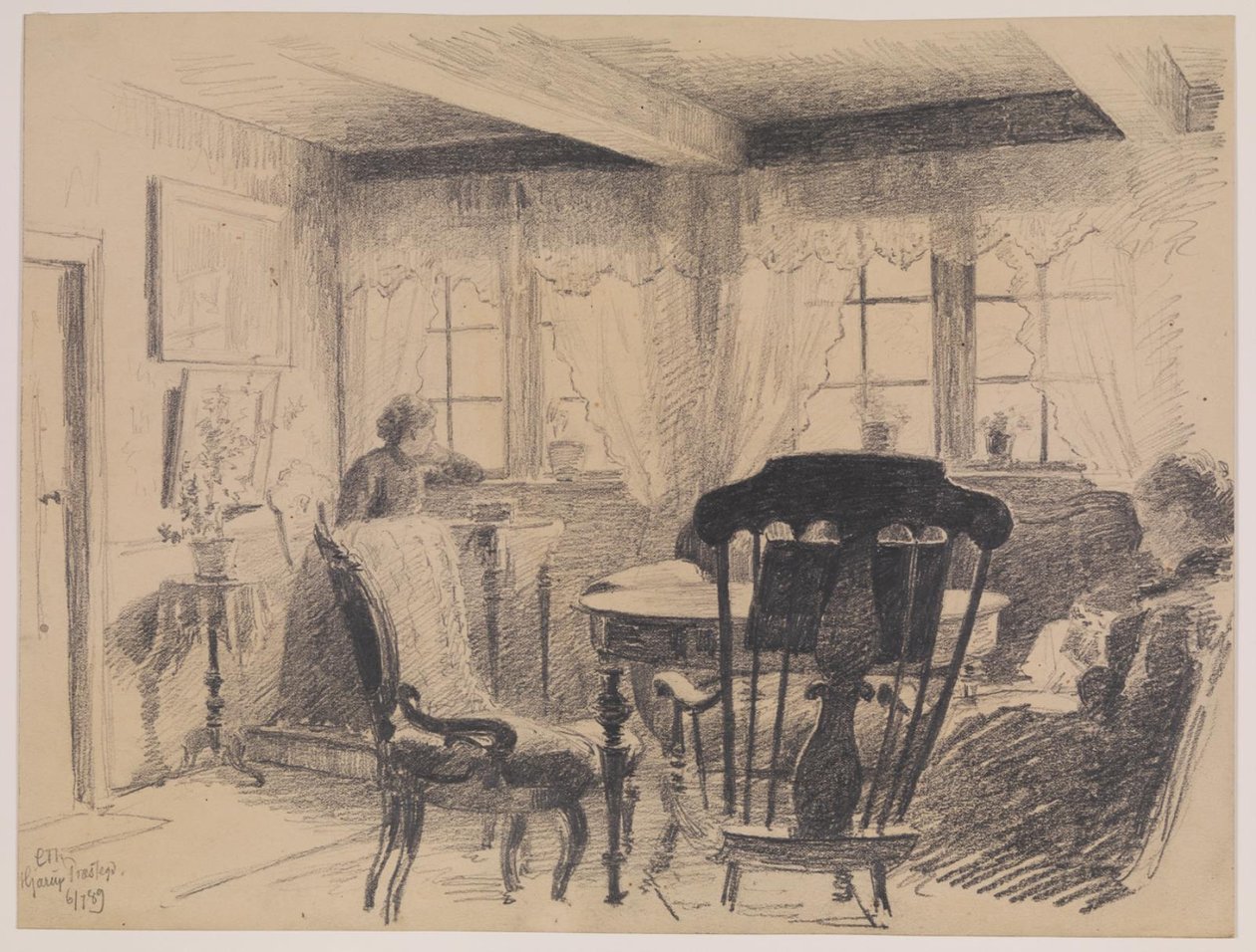 Vicariato de Hjarup. Sala de estar com duas senhoras de costura de Carl Thomsen