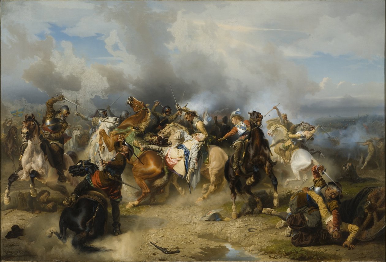 La mort du roi Gustave II Adolphe de Suede (1594-1632) dit le Grand ou le Lion du Nord, a la bataille de Lutzen, le 6 novembre 1632 - Morte do Rei Gustav II Adolfo da Suécia na Batalha de Luetzen em 6 de Novembro de 1632, por Wahlbom, Carl (1810-1858). Óle de Carl Wahlbom