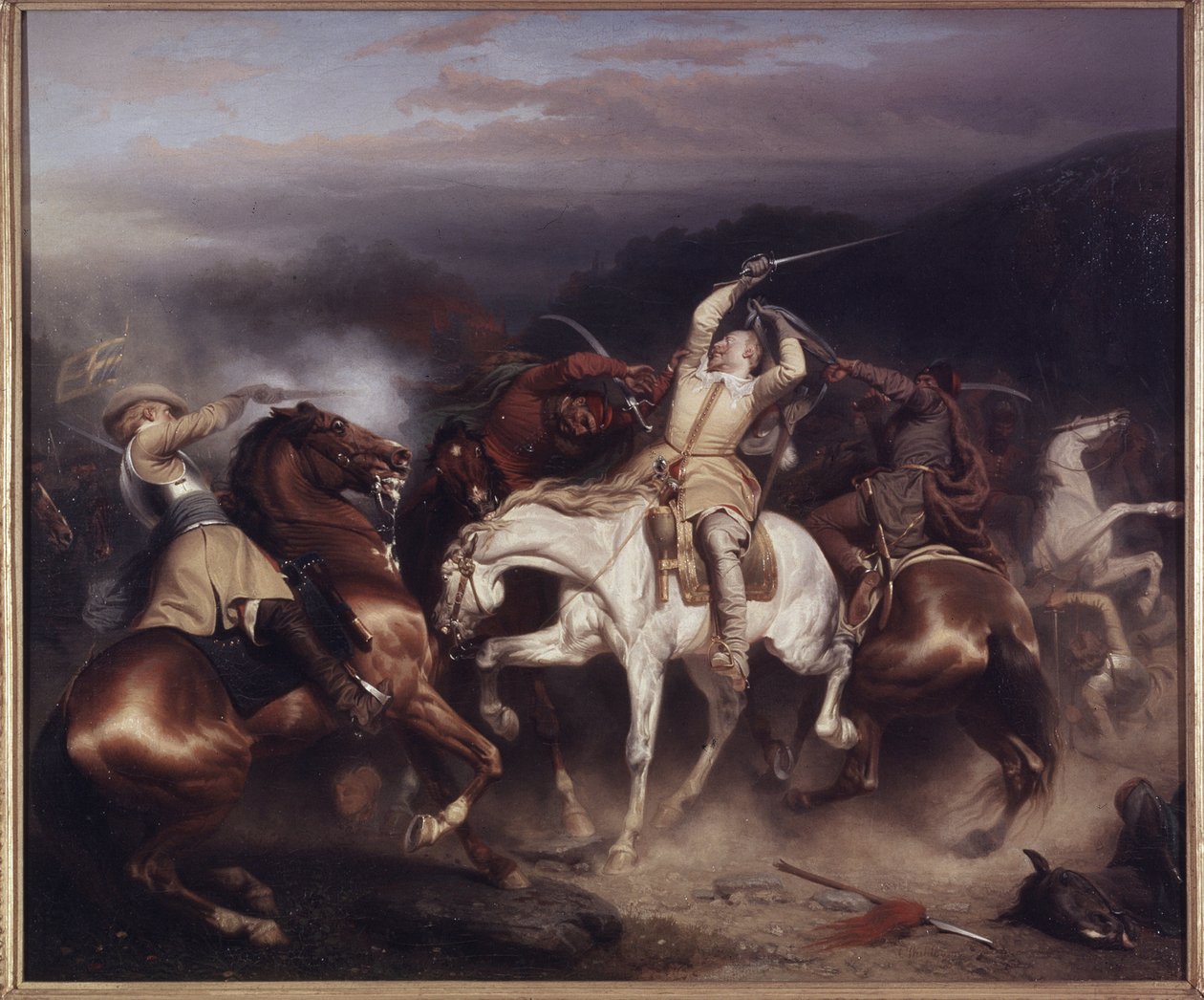 Rei Gustav II Adolfo da Suécia, chamado o Grande ou o Leão do Norte, na Batalha de Trzciana (ou Batalha de Honigfelde ou Sztum) Junho 1629 - Rei Gustav II Adolfo da Suécia (1594-1632) em Stuhm, por Wahlbom, Carl (1810-1858). Óleo sobre tela de Carl Wahlbom