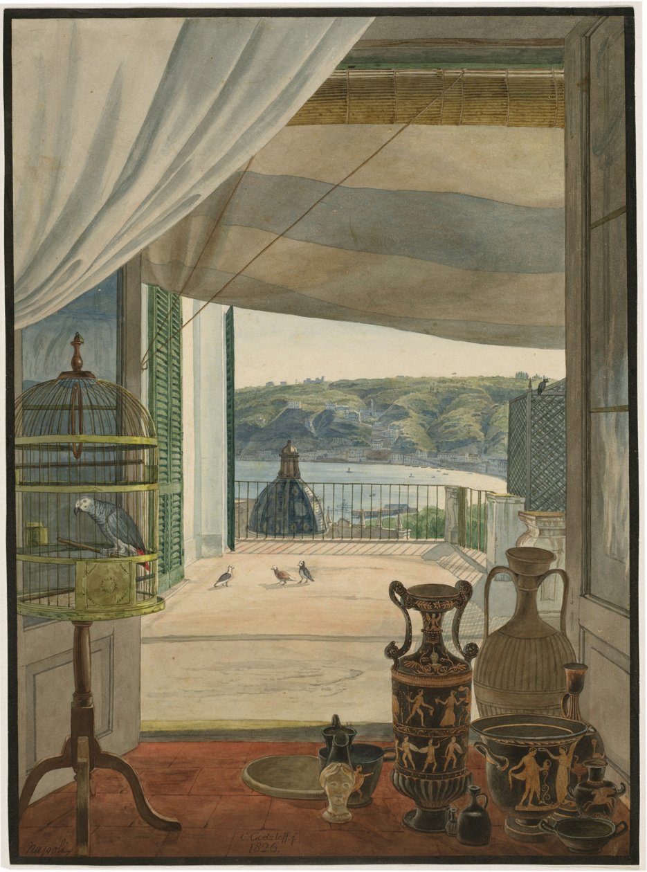 Antiguidades por uma varanda com vista para o Golfo de Nápoles de Carl Wilhelm Götzloff