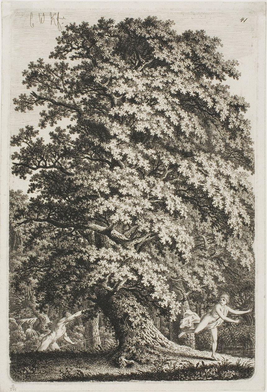 Mulher a fugir de um homem que segura uma lança na floresta de Carl Wilhelm Kolbe the elder