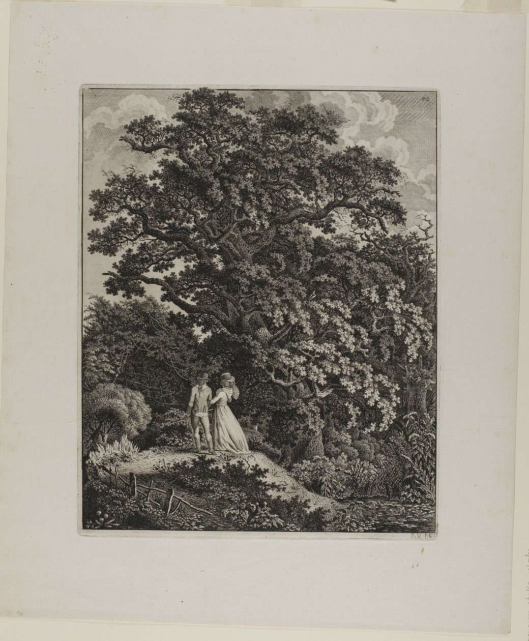 Paisagem da floresta com um casal elegante andando sob um carvalho de Carl Wilhelm Kolbe, the elder