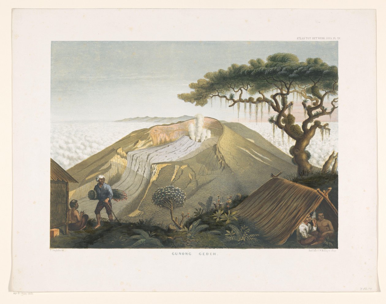 Vulcão Gede em Java Ocidental Gunong Gedeh (título no objeto) Atlas para trabalhar Java (título da série no objeto) Atlas de placas contendo onze vistas pitorescas, pertencentes à obra Java, sua forma, sua vegetação e construção interior (título da série de Carl Wilhelm Mieling (possibly)