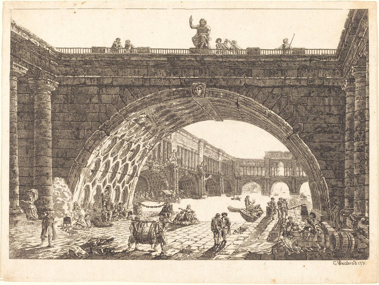 Fantasia arquitetônica de um porto monumental de Carl Wilhelm Weisbrod after Hubert Robert