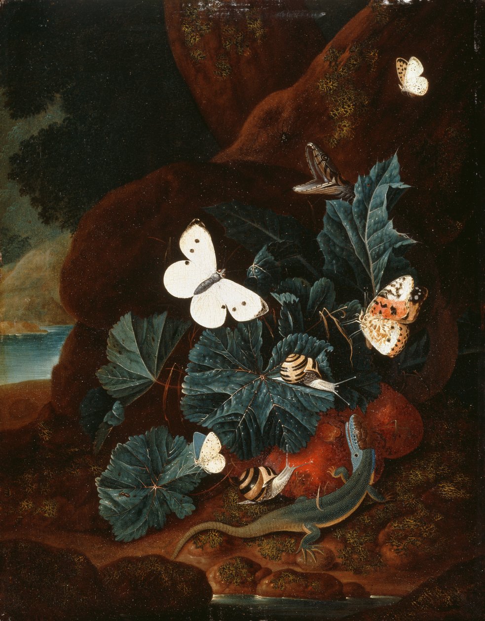 Uma natureza morta no chão da floresta com um lagarto, borboletas, caracol e uma cobra (óleo no painel) de Carl Wilhelm de Hamilton