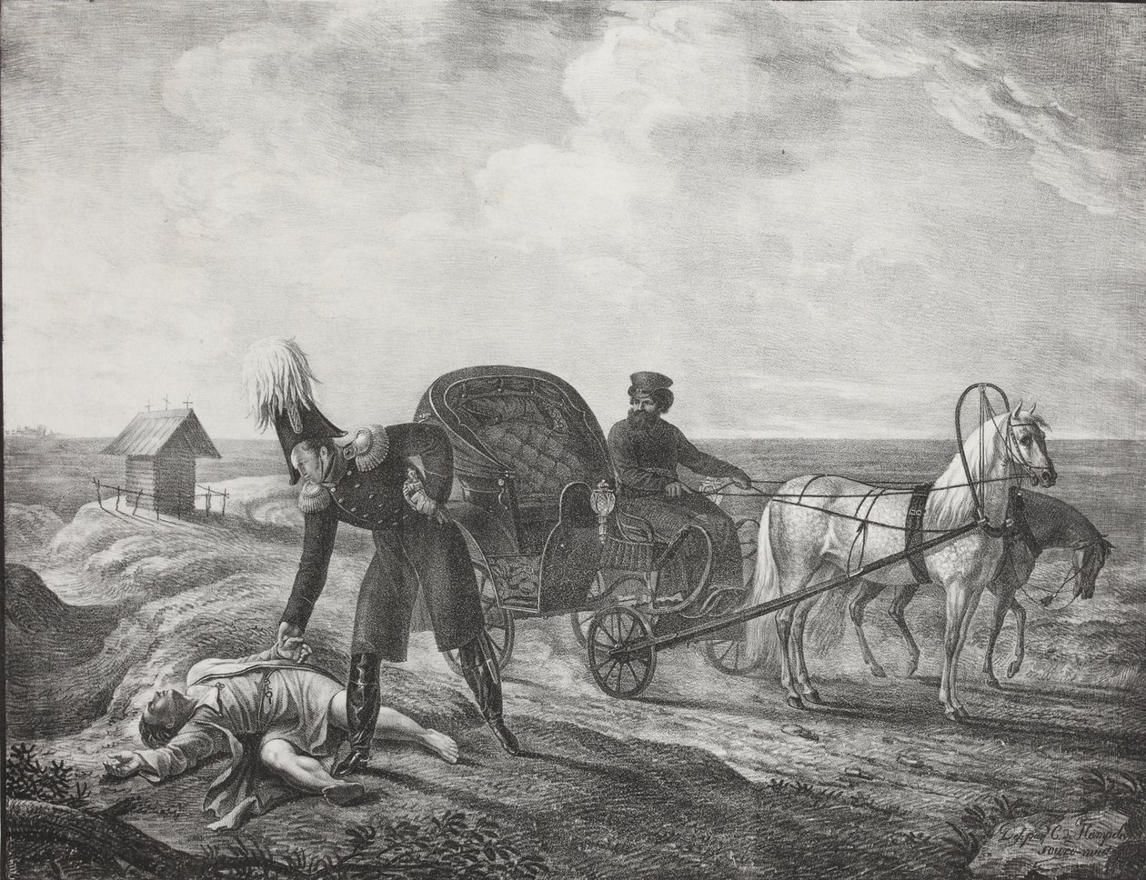 O imperador Alexandre I ajuda uma pessoa carente, 1820. de Carl von Hampeln