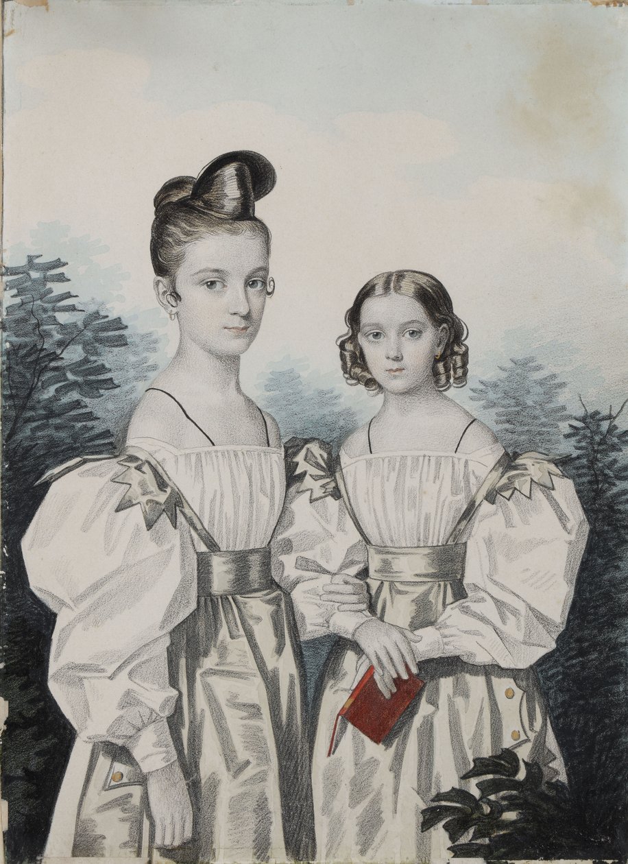 Retrato das irmãs Anna Petrovna 1822-1905 e Elena Petrovna 1824-1860 Ushakov, década de 1830. de Carl von Hampeln