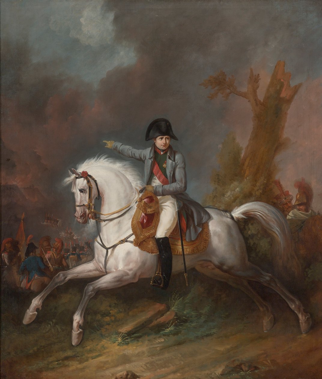 Um retrato equestre do imperador Napoleão com uma batalha além de Carle Vernet