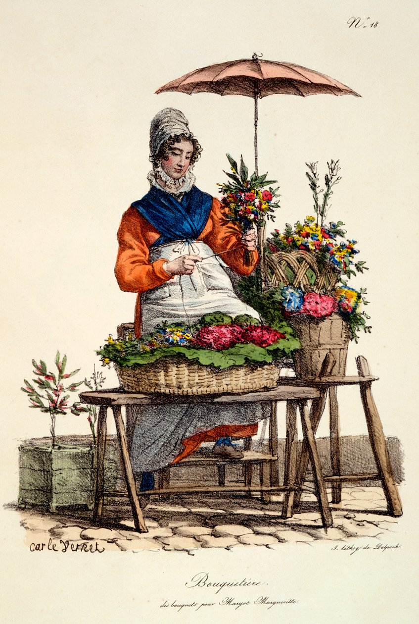 Buquês Bouquetiere para Margot Margueritte, estampa feita por Delpeck, de &39;Cris de Paris&39;, 1820 (gravura colorida à mão) de Carle Vernet