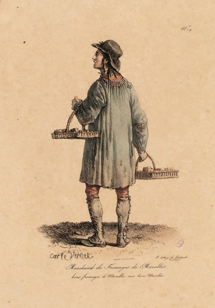 Um comerciante de queijos dos Marolles de "Les cris de Paris" c.1823-25 (litografia) de Carle Vernet