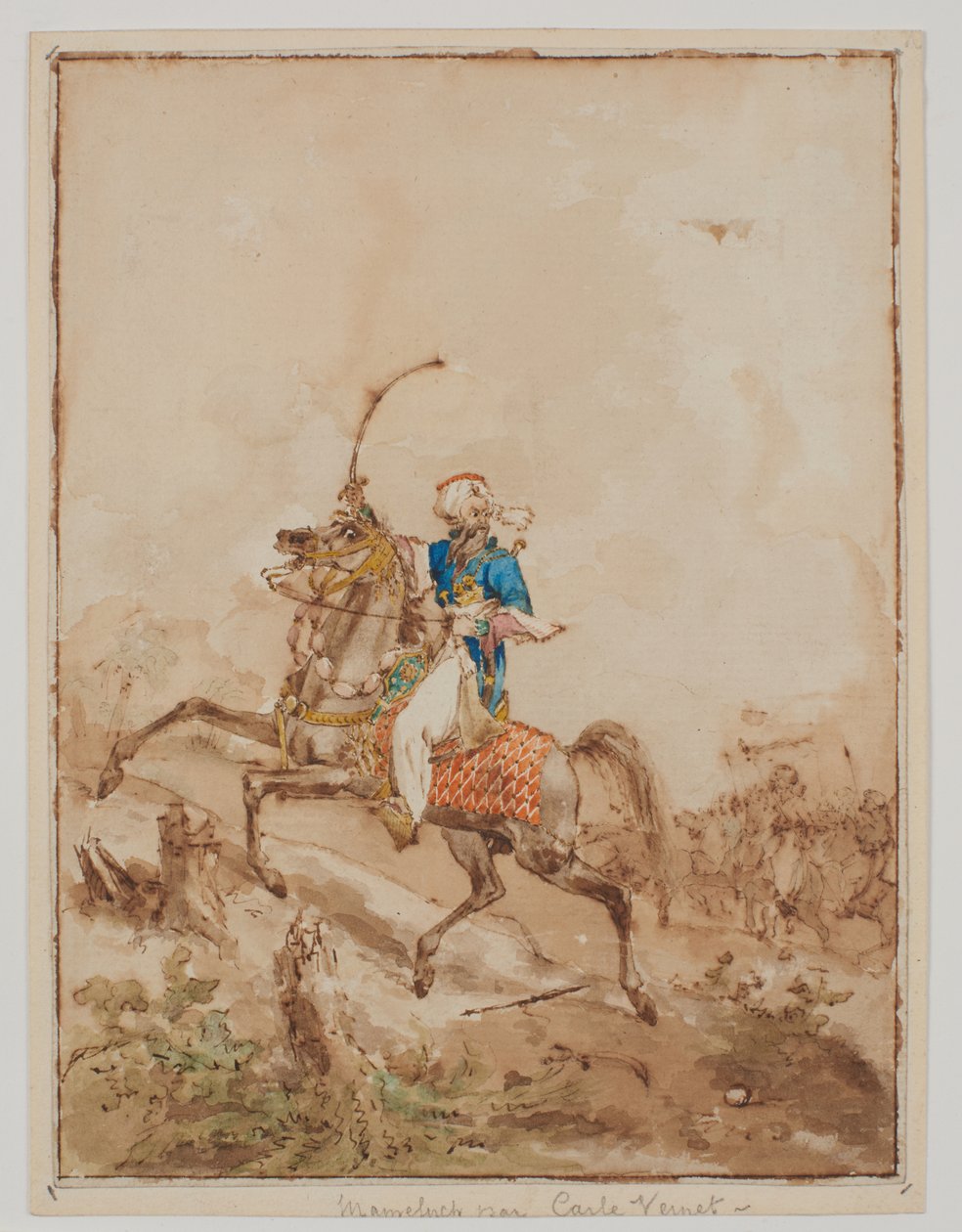 Um árabe num cavalo de carga (aguarela, pincel, lavagem castanha, caneta e tinta castanha) de Carle Vernet