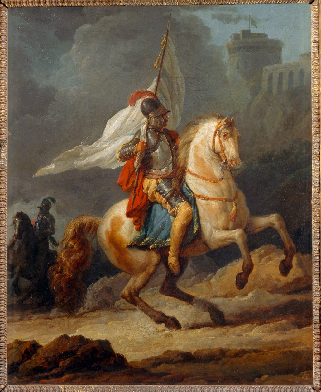 Cavalier en armure tenant un drapeau - Cavaleiro de armadura carregando um estandarte ... de Carle Vernet