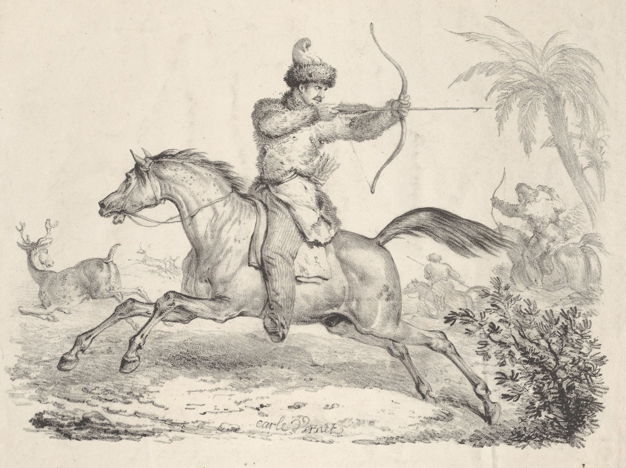Cossacos a cavalo caçando veados, 1821-36. de Carle Vernet