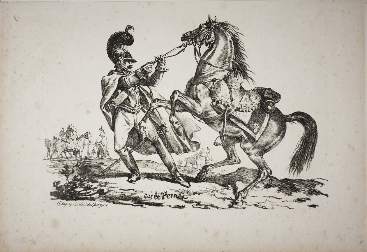 Cuirassier a pé segurando seu cavalo de criação de Carle Vernet